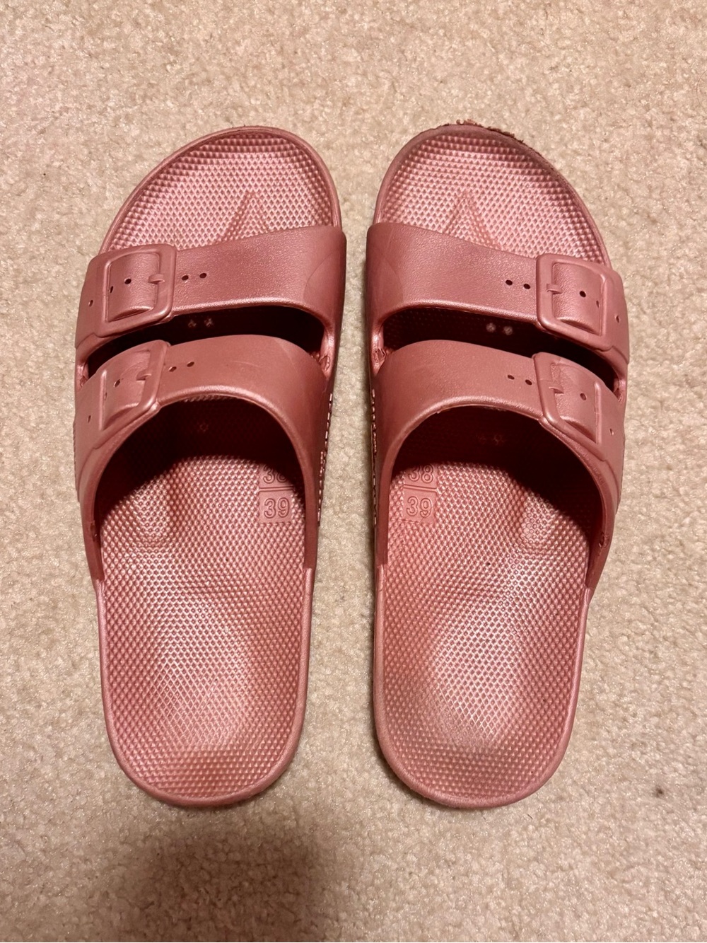 Rose Gold Freedom Moses Double-Buckle Slide Sandals